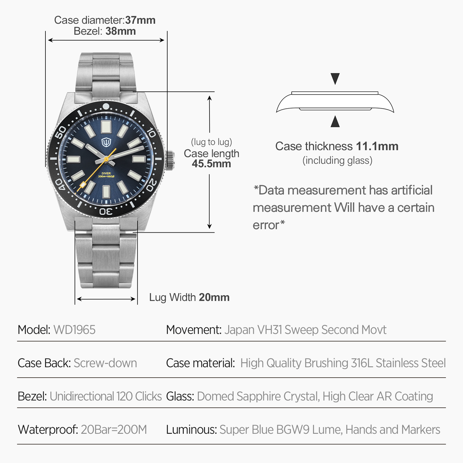 Watchdives 37Mm WD1965 V2 Man  - Luxury Watch Safe recension och pris